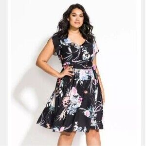 City Chic Womens Plus XL 22 Black Floral V Neck Knee Length Dress NWT CQ89
